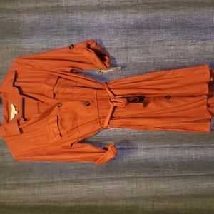 Hint of Blush, Auburn dress with buttons down the front and tie around the waist